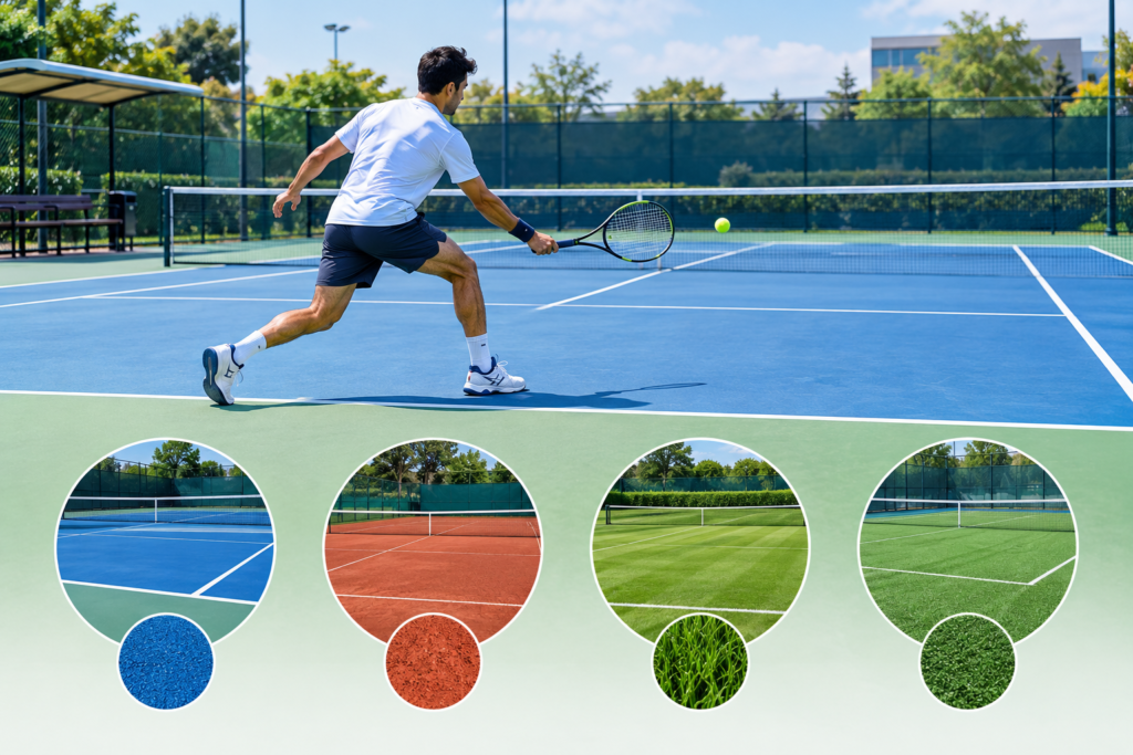 Tennis court surface types including acrylic, clay, grass and synthetic surfaces